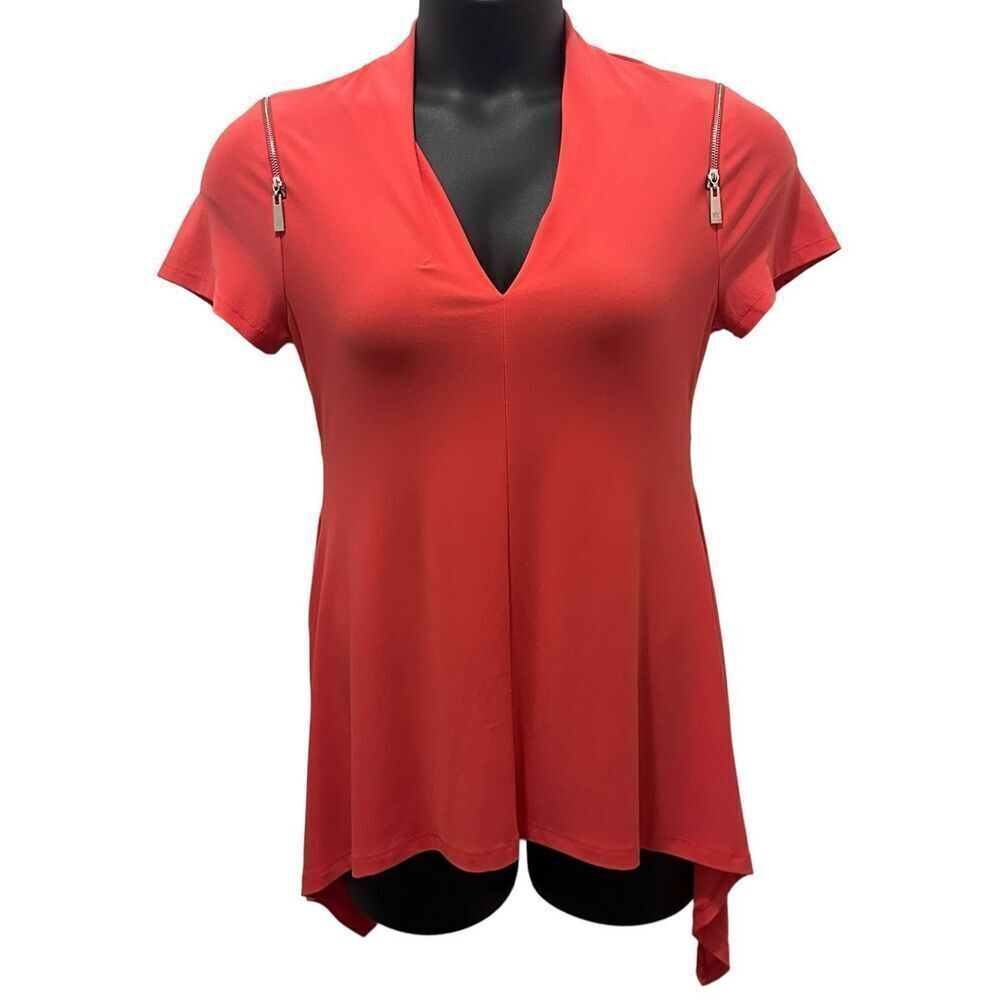 Chaus New York Women's V-Neck Zip Shoulders Handkerchief Hem Blouse Orange Mediu
